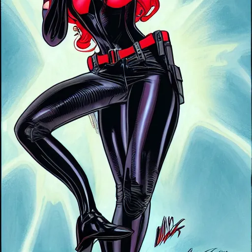 Prompt: black widow pinup, art by michael miller