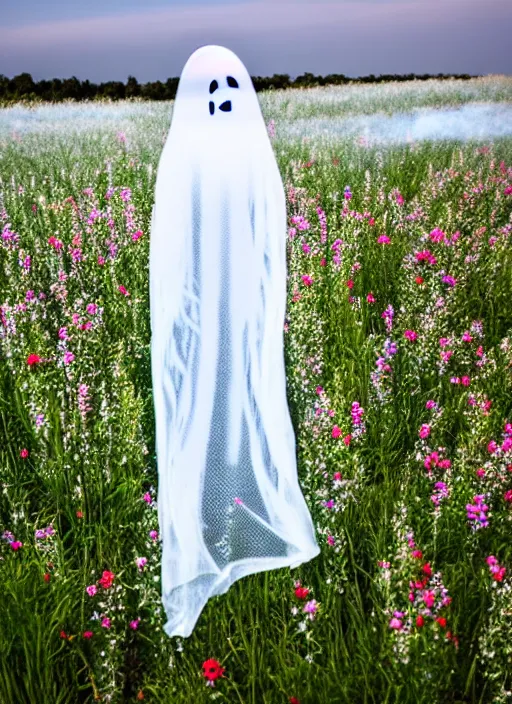 Image similar to photo of a highly detailed transparent ghost figure made of cloth and smoke stands in a field of flowers