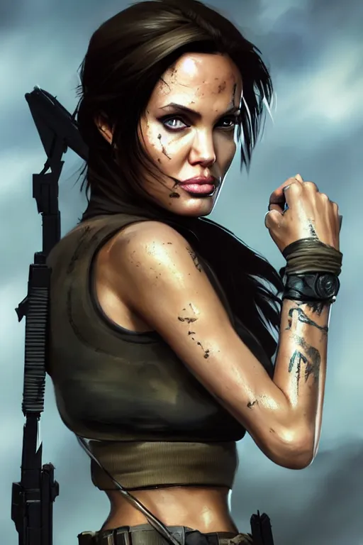 Prompt: angelina jolie as tomb raider, manga cover art, detailed color portrait, artstation trending, 8 k, greg rutkowski