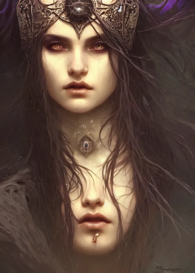 Image similar to Necromancer Sorceress face close-up macro in center, fantasy magic, undercut hairstyle, dark light night, intricate, elegant, sharp focus, illustration, highly detailed, digital painting, concept art, matte, art by WLOP and Artgerm and Greg Rutkowski and Alphonse Mucha, masterpiece