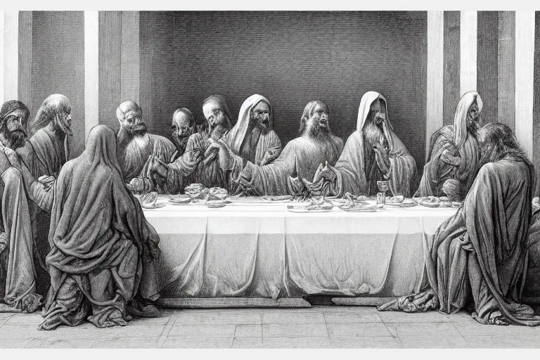 Prompt: very detailed ink drawing of the last supper with grim reaper sitting in the middle of the table by gustave dore, poster, fine art, etching, biblical