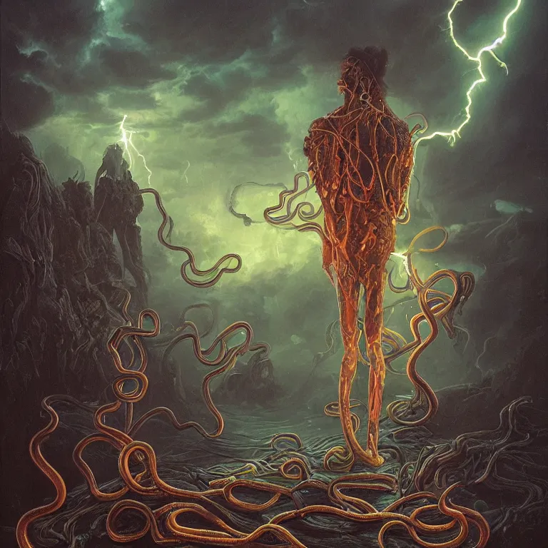 Image similar to An amorphic being with tentacles of liquid reflective copper and neon emerges from the dark surreal ether, mist amidst lightning, high contrast lighting, backlit, blacklight by Michael Whelan and Ed Binkley