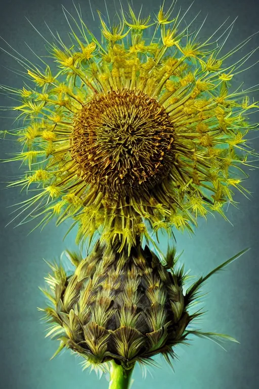 Image similar to a artichoke thistle dandelion monster, highly detailed, digital art, sharp focus, trending on art station