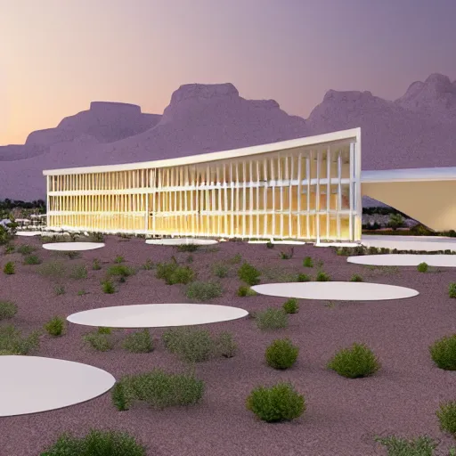 Image similar to architectural rendering of biophilia building in the desert, biomimetry shape, peaceful