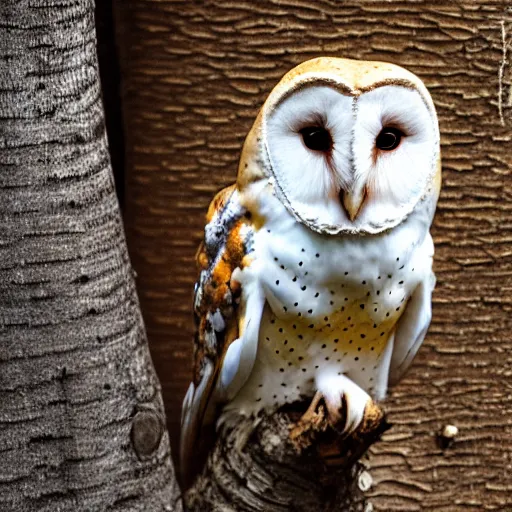 Prompt: ”A barn owl sitting on a Nike shoe standing on a birch stump, 4K, Sigma 55”