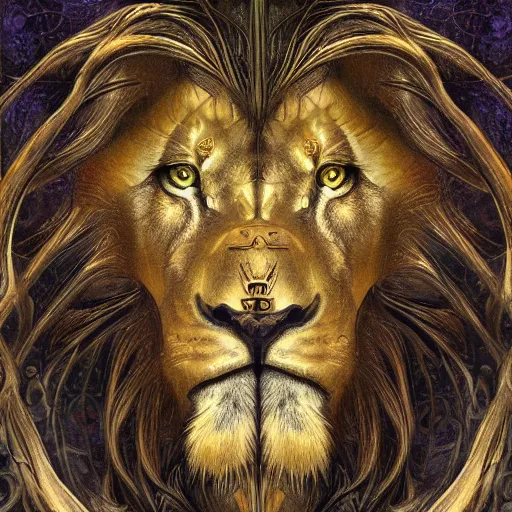 Prompt: detailed and sharp lion zodiac artwork, mystic style, detailed, 8 k, detailed, symmetrical, by brian froud