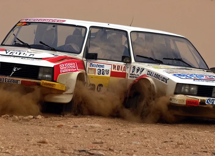 Image similar to a volvo 2 4 4 stuck in the desert during paris dacar rally
