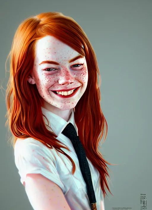 Image similar to portrait of teenage emma stone, freckles, long flowing ginger hair, white shirt and red tie, smiling kindly, friendly, 1 9 8 0 s, intricate, elegant, glowing lights, highly detailed, digital painting, artstation, concept art, smooth, sharp focus, illustration, art by wlop, mars ravelo and greg rutkowski