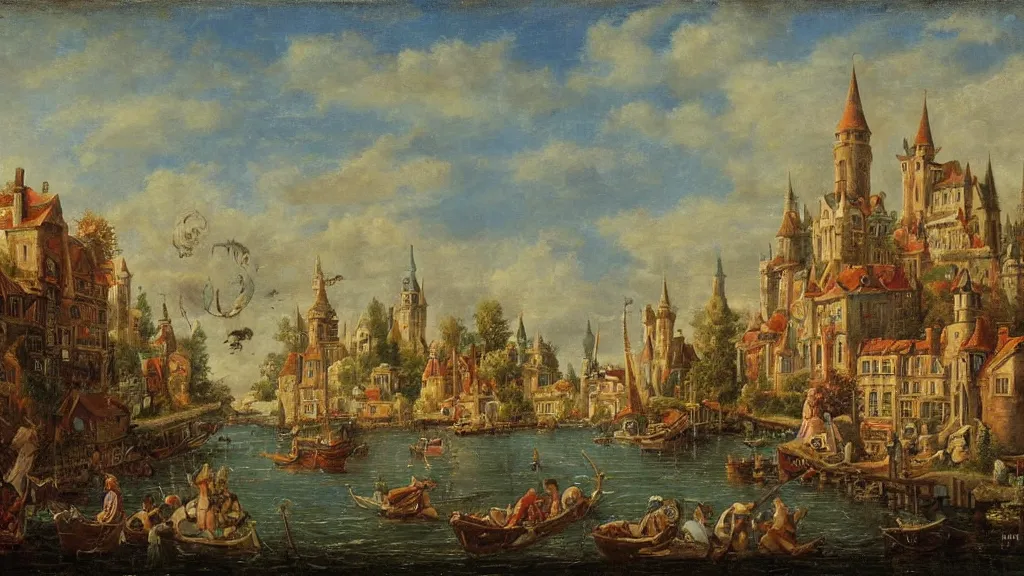 Image similar to an old enchanted fantasy town, viewed from the harbor, by jean - baptist monge,