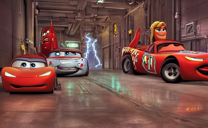 Image similar to lightning mcqueen and mater from cars in a fractal hallway, romance novel cover, in 1 9 9 5, y 2 k cybercore, industrial photography, still from a ridley scott movie