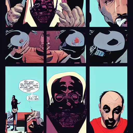 Prompt: a comic book page of The Adventures of Joe Rogan by Tomer Hanuka and Michael Whelan