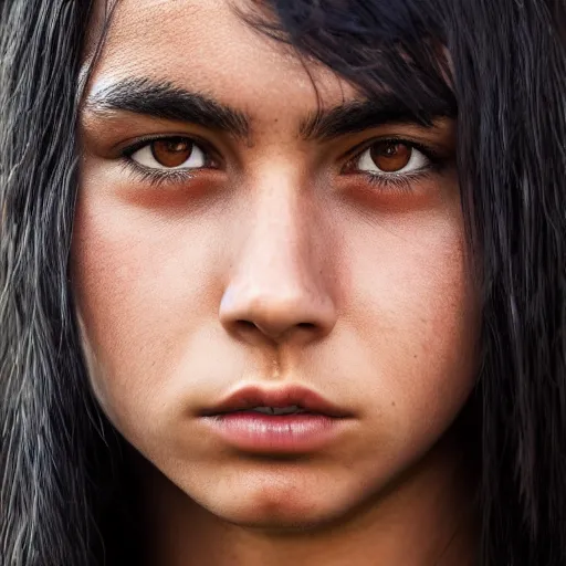 Prompt: a professional, incredibly detailed headshot of a native american cherokee teenage girl with dark hair, beautiful eyes, a rebellious look, choppy hair, symmetrical features, realistic 8 k professional photography, midday lighting, defiant, octane, volumetric lighting, 7 0 mm, beautiful