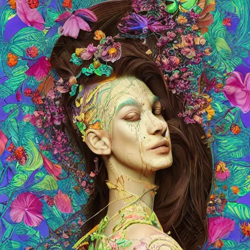 Image similar to the portrait of the most beautiful, graceful, and elegant woman made of bananas and petals, an ultrafine detailed illustration by kim jung gi, irakli nadar, intricate linework, bright colors, final fantasy, behance contest winner, angular, unreal engine 5 highly rendered, global illumination, radiant light, detailed and intricate environment