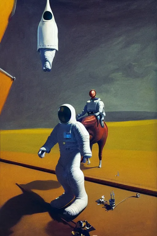 Prompt: a horse riding an astronaut, hauntingly surreal, highly detailed painting by francis bacon, edward hopper, adrian ghenie, gerhard richter, and james jean soft light 4 k,