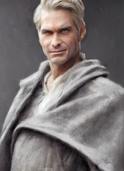Image similar to a clean shaven man aged 4 0 with tousled blonde hair and hazel eyes and a friendly expression. he is handsome and wearing a grey cloak. head and shoulders portrait painting by greg rutkowski and raymond swanland.