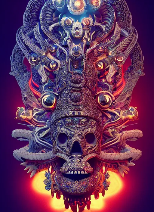 Prompt: 3 d ornate carved shaman with tattoos profile portrait, sigma 5 0 0 mm f / 5. beautiful intricate highly detailed quetzalcoatl skull. bioluminescent, plasma, lava, ice, water, wind, creature, thunderstorm, artwork by tooth wu and wlop and beeple and greg rutkowski, 8 k trending on artstation