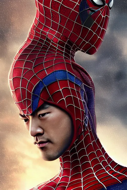 Image similar to majestic and regal portait of asian spiderman, marvel, perfect face, beautiful, intricate, epic, elegant, fantasy, highly detailed, digital painting, hard focus, beautiful volumetric lighting, epic light, ultra detailed, by leesha hannigan, ross tran, thierry doizon, kai carpenter, ignacio fernandez rios