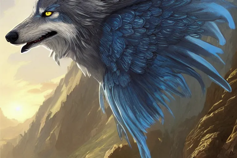 Image similar to Blue feathered wolf with wings on a beautiful fantasy landscape, hills, mountains, moonlit, HD, illustration, epic, D&D, fantasy, intricate, elegant, highly detailed, digital painting, artstation, concept art, smooth, sharp focus, illustration, wallpaper, art by artgerm and greg rutkowski and alphonse mucha and jin xiaodi and anthony devine