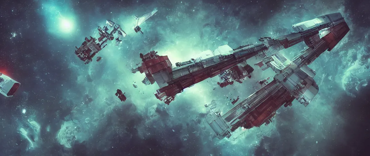 Image similar to tiny spaceship, deep space exploration!!!, flying, the expanse tv series, industrial design, the final frontier, illustrative!!, punk!!!, space pirate, hyperdetailed, hyperrealistic, utilitarian cargo ship, underexposed, cinematic lighting, 4k, wide angle, beksinski, (neon colors)