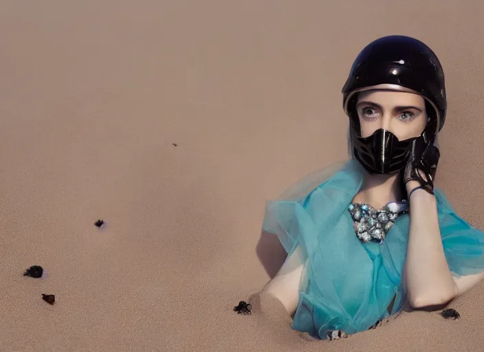 Prompt: a film still of a girl wearing black scarf and crystal wormhole turquoise vibrational radio vhs color rays helmet mask in porcelain sand dunes feature in vogue and gq editorial fashion photography beautiful eyes, close up shot, haute couture dresses in givenchy and salvatore ferragamo, cannon ef 1 0 5 mm f / 2. 8 in the grand budapest hotel