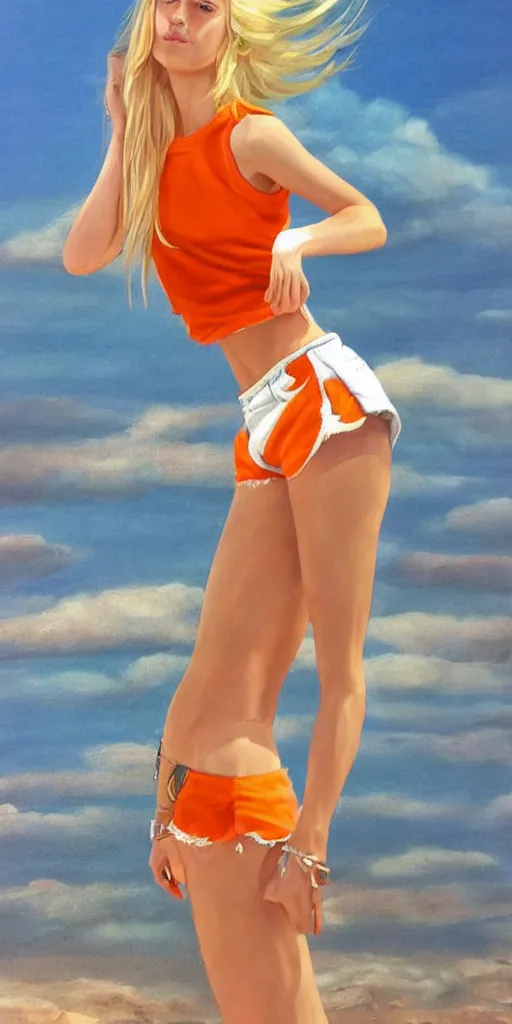 Prompt: a gorgeous woman with very long hip-length blonde hair, wearing a cut-off white top and orange cut-off shorts standing by the water, in the style of mario testino and annie liebovitz and artgerm and moebius, photorealistic, highly detailed, trending on artstation