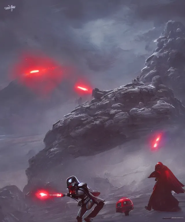 Prompt: Disney crossover of Star Wars and Spaceballs epic battle between Darth Vader and Dark Helmet on a planet with lava, Barf dies in the foreground, highly detailed, digital painting, trending on artstation, concept art, sharp focus, illustration