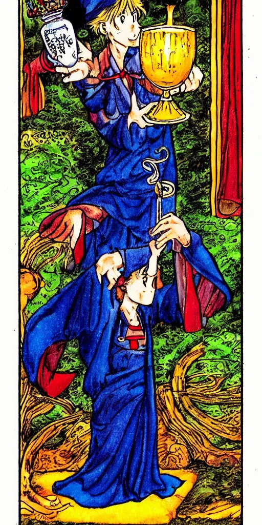 Image similar to a mystical man with a goblet on the table, wizard hat, drawn by Naoko Takeuchi, tarot card. tarot card the magician