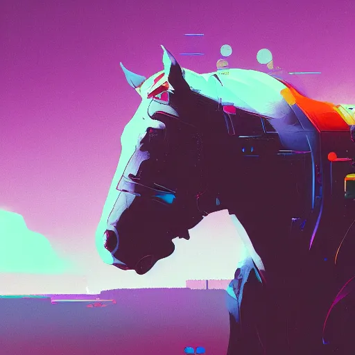 Prompt: a graph style gauche impasto, horse, cyberpunk art by james gilleard, cityscape, depth of field, cgsociety, retrofuturism, synthwave, retrowave, outrun.