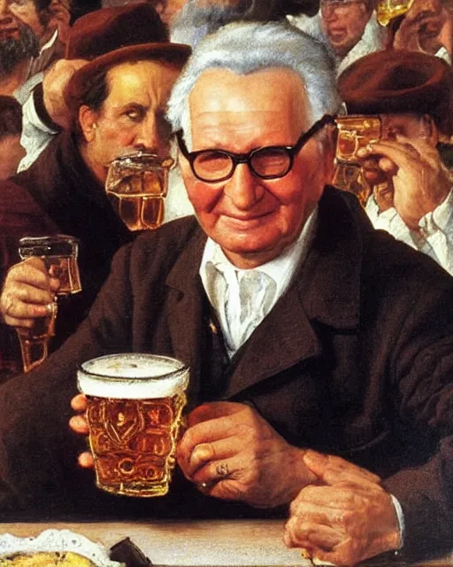 Prompt: a painting of erich honecker holding a mug of beer at the oktoberfest, a detailed painting by konstantin makovsky and by jan matejko and by nikolay makovsky, shutterstock contest winner, german romanticism, detailed painting, oil on canvas, wimmelbilder