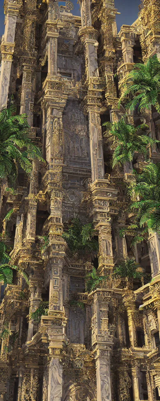 Image similar to photorealistic eye level view of a contemporary babylon tower, golden intricate details, stone facade, sacred ancient architecture, hanging gardens, cascading highrise, arid mountains with lush palm forest, sunlight, post - production, octane, cgi, sfx