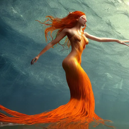 Prompt: a beautiful aquatic goddess dancer underwater with very long brown flowing hair and an orange iridescent scale mermaid dress, 8 k, cryengine, vray render, upright, reaching to the side for the light, sensitive, emotional, dramatic, dramatic pose, like lord of the rings