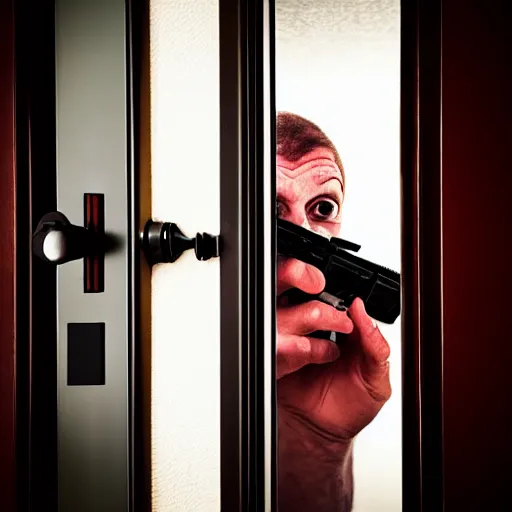 Image similar to Serial killer peering behind a hotel door.