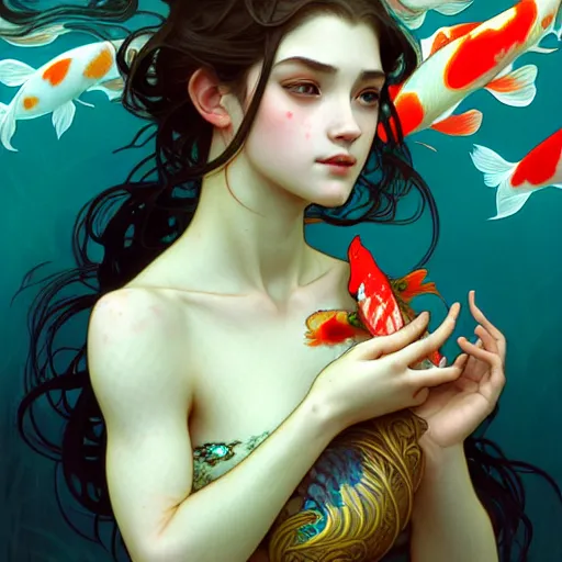 Image similar to Portrait of a girl surrounded by Koi fish, face, fantasy, intricate, elegant, highly detailed, digital painting, artstation, concept art, smooth, sharp focus, illustration, art by Tahir Tanis and Artem Demura and alphonse mucha