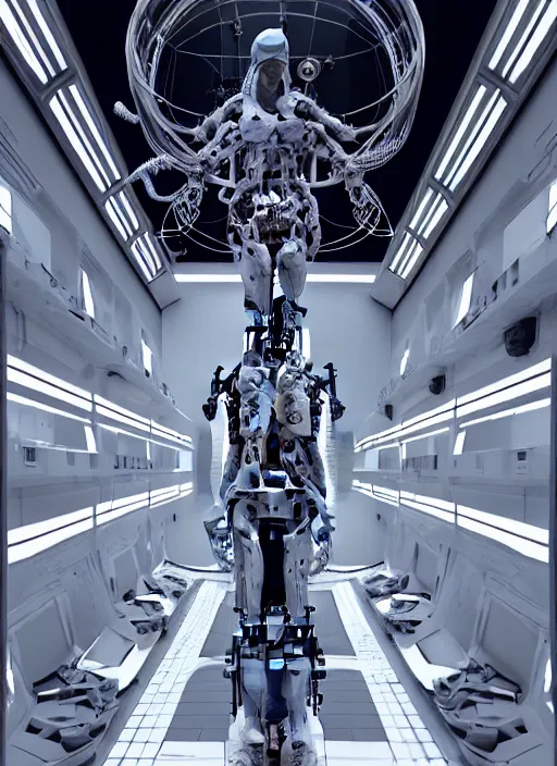 Image similar to dark high detailed space station interior a statue jesus on cross made of white marble, perfect symmetrical body, full body shot, inflateble shapes, wires, tubes, veins, jellyfish, white biomechanical details, wearing epic bionic cyborg implants, masterpiece, intricate, biopunk, vogue, highly detailed, artstation, concept art, cyberpunk, octane render