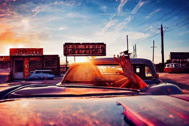 Image similar to a sunset light landscape with historical route 6 6, lots of sparkling details and sun ray ’ s, blinding backlight, smoke, volumetric lighting, colorful, octane, 3 5 mm, abandoned gas station, old rusty pickup - truck, beautiful epic colored reflections, very colorful heavenly, softlight