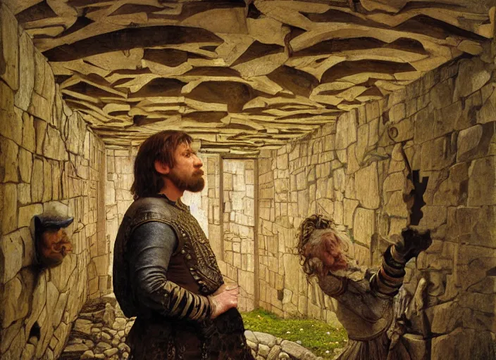 Image similar to jim henson's labyrinth. stone walls. you find a hole in the wall, like someone took a sledge hammer and just kept smashing as they walked forward. by edgar maxence and caravaggio and michael whelan and delacroix style, artistic, intricate painting, cinematic lighting, hyper realistic, extremely detailed, vivid colors, establishing shot, dramatic lighting