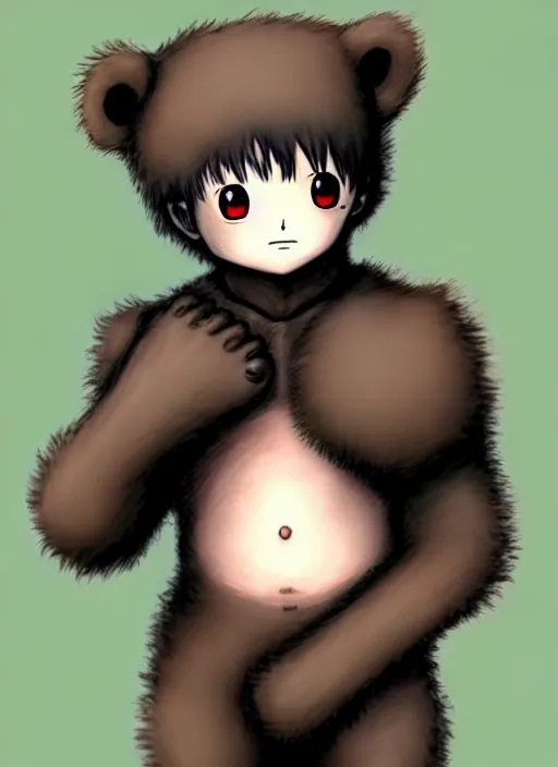 Image similar to beautiful little boy wearing an cyborg bear suit, artwork in kentaro miura and made in abyss and rosdraws, smooth, beautiful lightness, anatomically correct, trending on pixiv, forest