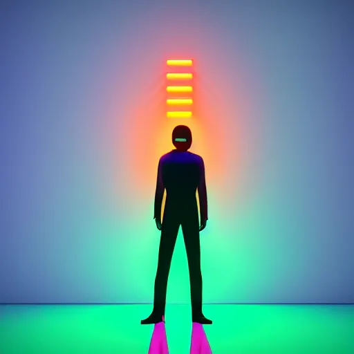 Prompt: a cinema c 4 d 3 d render of a small silhouette of a man standing in front of orange, green and cyan neon glowing vertical stripes by beeple, trending on artstation, 8 k resolution