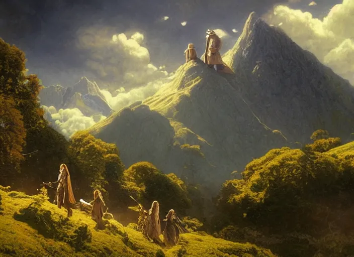 Image similar to medieval adventuers in the shire scenery landscape, lord of the rings, portal, highly detailed, perfect lighting, perfect composition, 4 k, maxfield parrish, artgerm, derek zabrocki, greg rutkowski