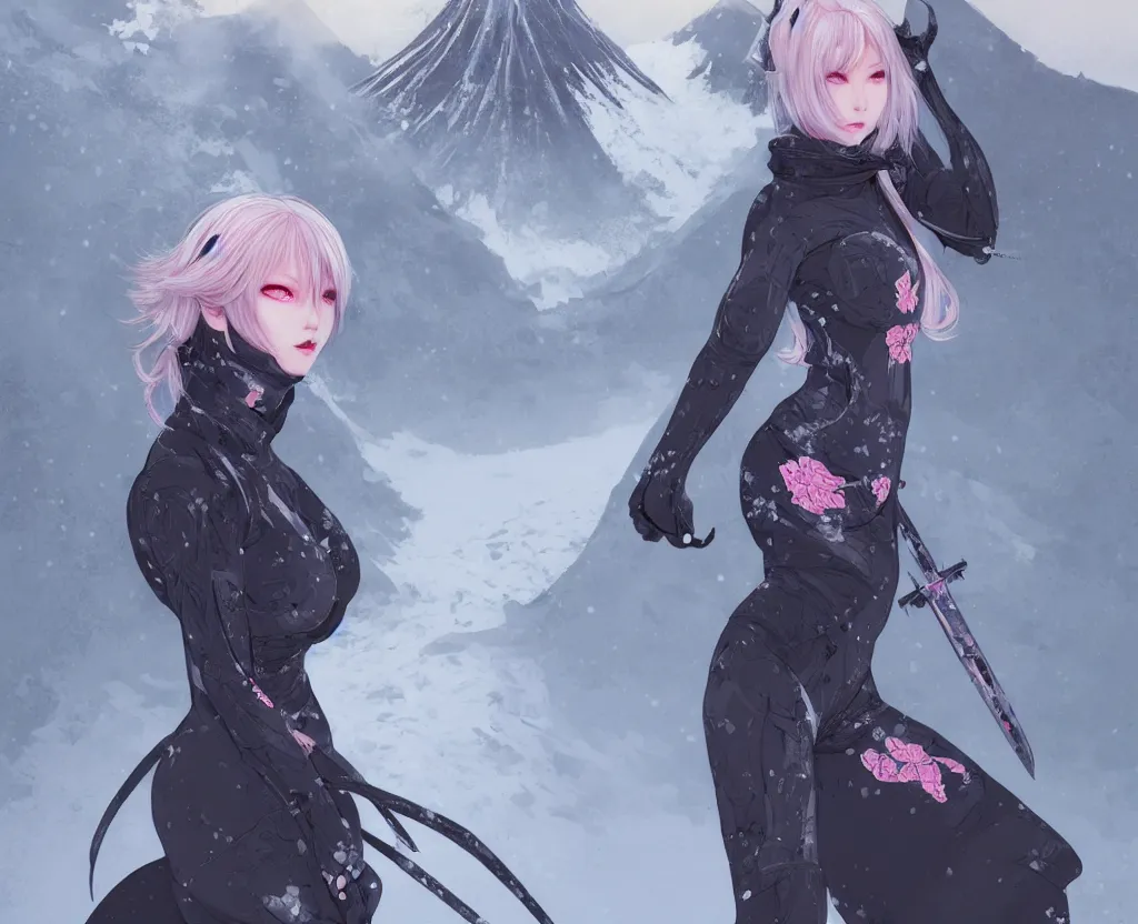 Image similar to portrait grey hair ninja gaiden girl, black plus little pink ninja wardrobe, at snowy fuji mountain sunrise, ssci - fi and fantasy, intricate and very very beautiful, detailed, digital painting, artstation, concept art, smooth and sharp focus, illustration, art by tian zi and wlop and alphonse mucha