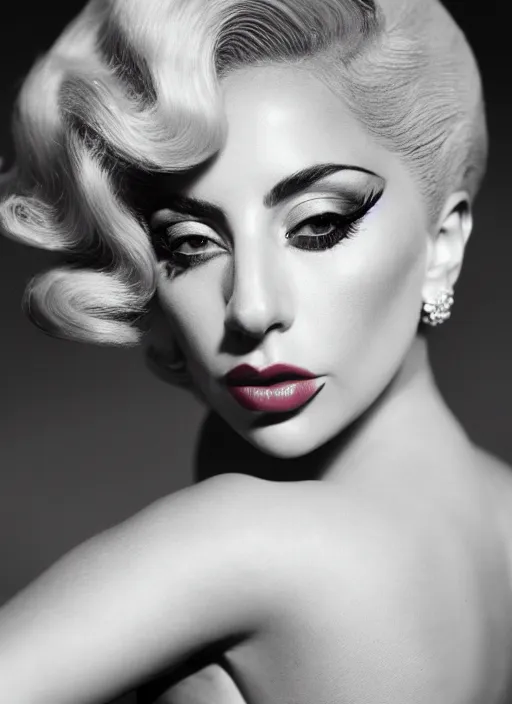 Prompt: lady gaga styled by george hurrell, old hollywood, vintage, photohoot, set pieces, intricate set, canon, highly realistic. high resolution. highly detailed. dramatic. 8 k. 4 k.