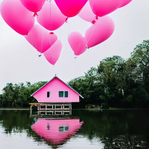 Image similar to a 5 0 mm lens photograph of a cute pink floating modern house, floating in the air between clouds, inspired by the movie up, held up from above by heartshaped ballons. mist, playful composition canon, nikon, award winning, photo of the year