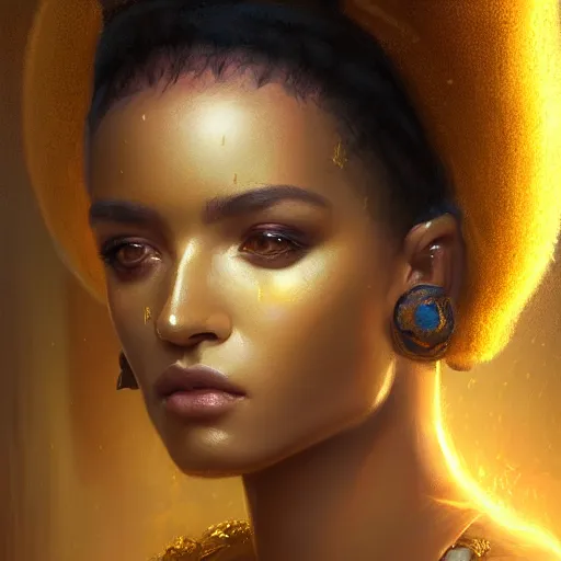 Image similar to Beautiful aesthetically pleasing regal Cleopatra portrait, face centered portrait, Confident, fog, volumetric lighting, beautiful, golden hour, sharp focus, ultra detailed, conceptartworld by Leesha Hannigan, Ross Tran, Thierry Doizon, Kai Carpenter,Ignacio Fernández Ríos