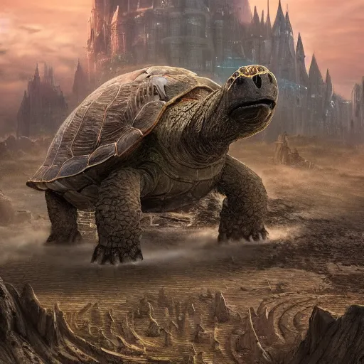 Image similar to gargantuan tortoise with a large fantasy castle armor walking through a sandy wasteland, howls moving castle, mortal engines, kaiju, distant shot birds eye view, fantasy, hyper detailed, 4 k,