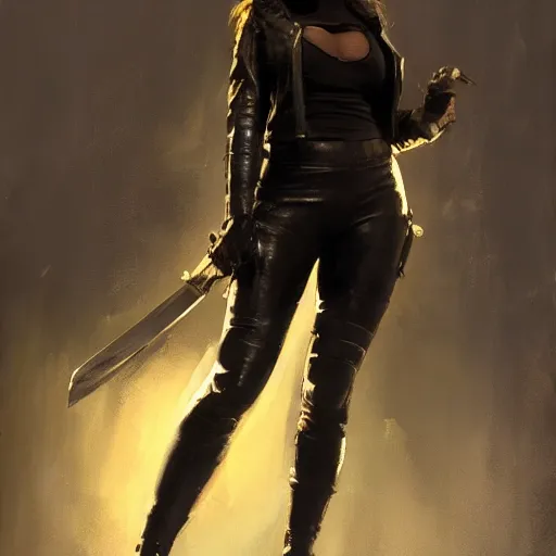 Prompt: painting of a female wearing skintight leather jacket holding a sword, by jeremy mann, fantasy art, dynamic lighting, artstation, poster, volumetric lighting, 4 k, award winning