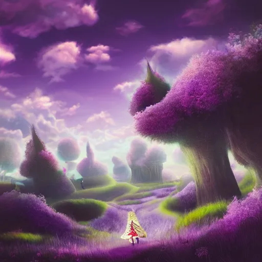 Image similar to landscape of an alice and wonderland themed landscape, purple clouds look the sky, dynamic lighting, fantasy concept art, trending on art station, stunning visuals, creative, cinematic, ultra detailed