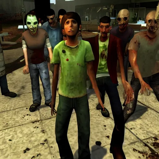 Image similar to michael cera in left 4 dead 2, hd screenshot, group photo, zombies in background