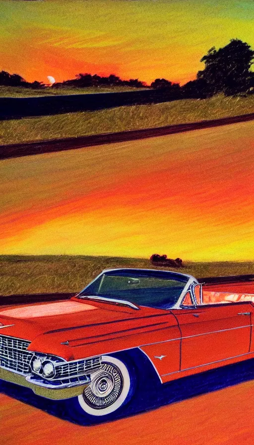 Image similar to 1 9 6 3 cadillac convertible driving down empty highway into a bright orange sunrise, oil pastel, high detail, realistic, vintage, sepia, far shot