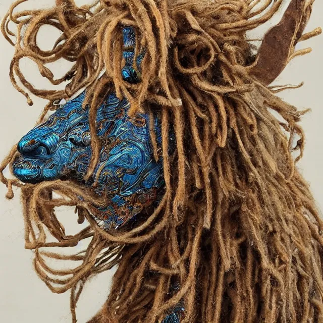 Prompt: llama with dreadlocks, detailed, by ernst haeckel, james jean, el anatsui, mandy jurgens