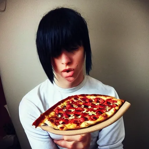 Prompt: “an emo femmeboi eating pizza and Cheerios for lunch”